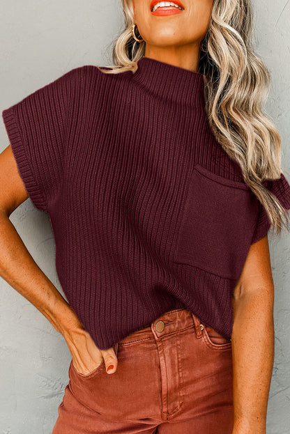 Pocket Ribbed Knit Short Sleeve Sweater