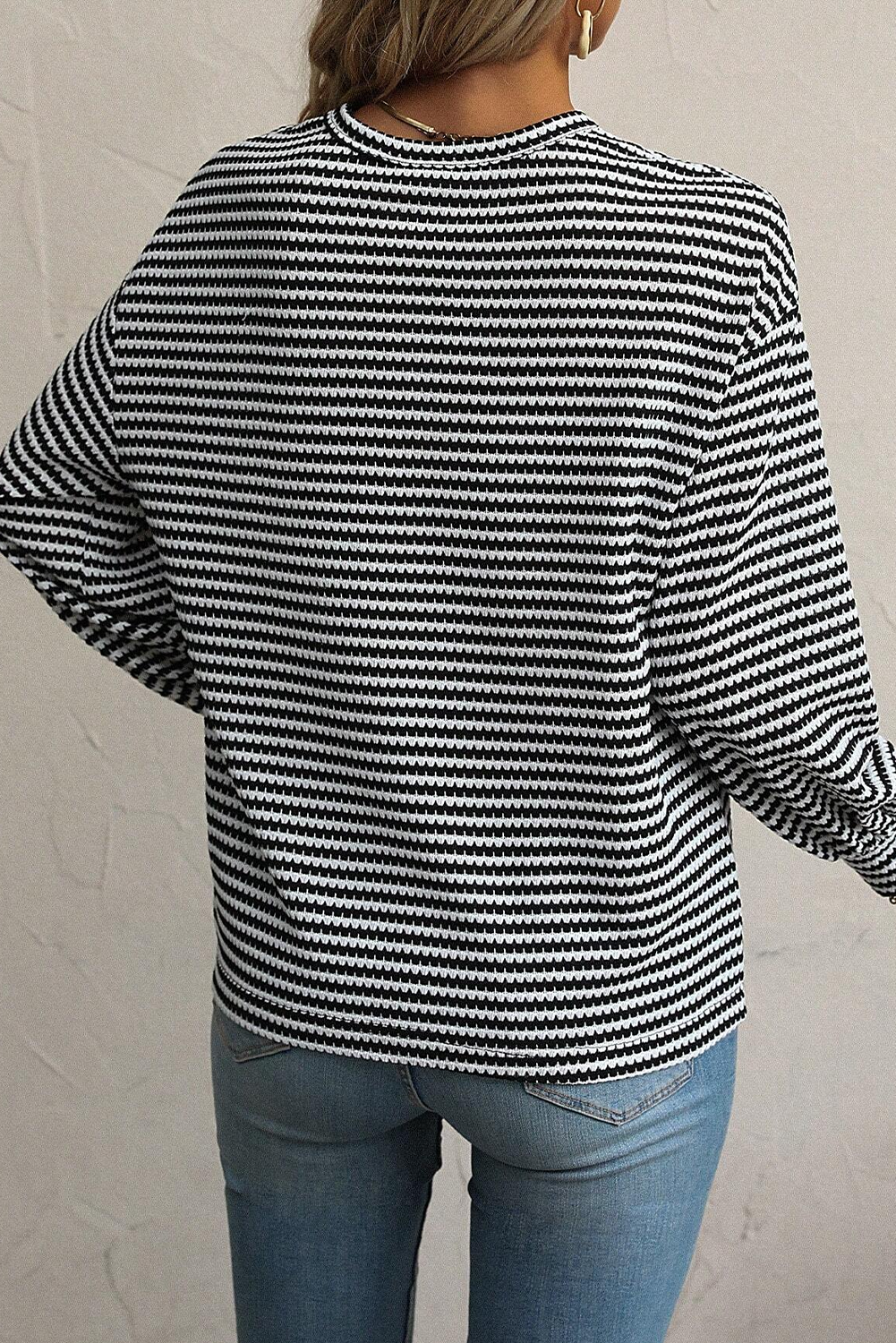 Black Stripe Round Neck Drop Shoulder Long Sleeve Top