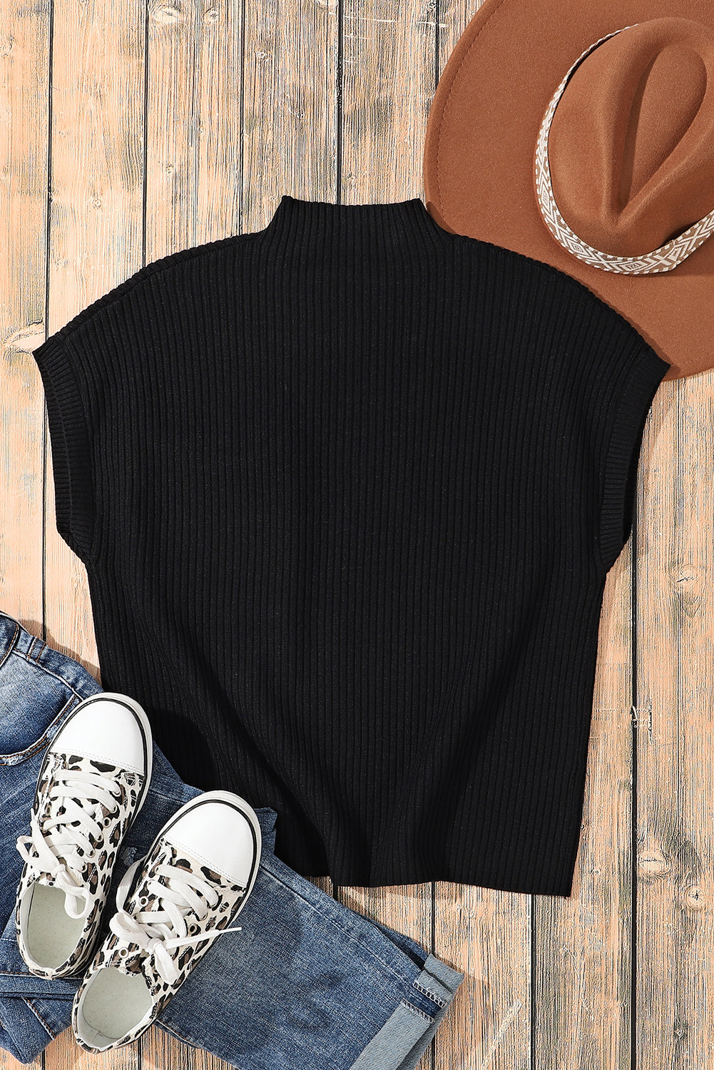 Pocket Ribbed Knit Short Sleeve Sweater