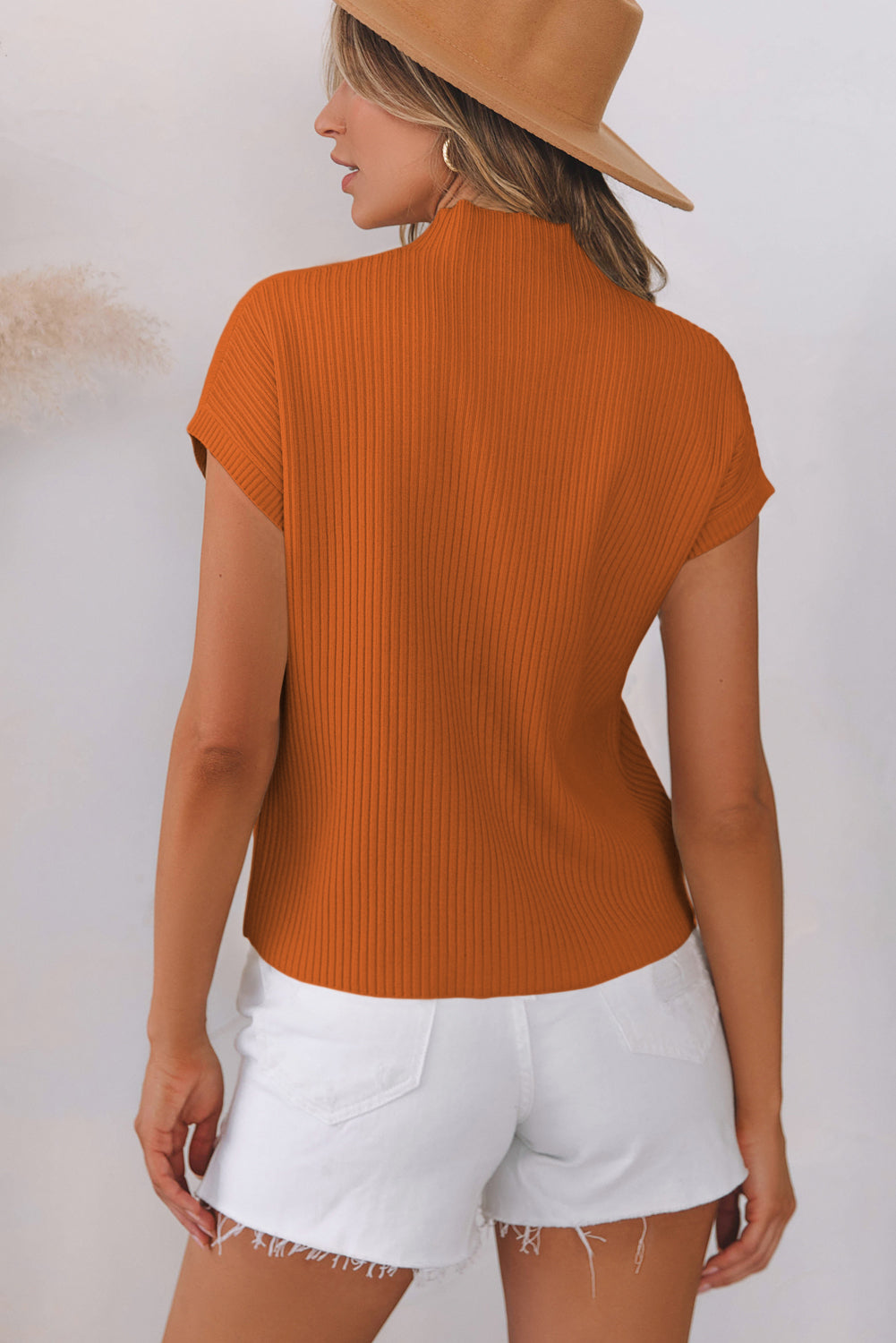 Pocket Ribbed Knit Short Sleeve Sweater