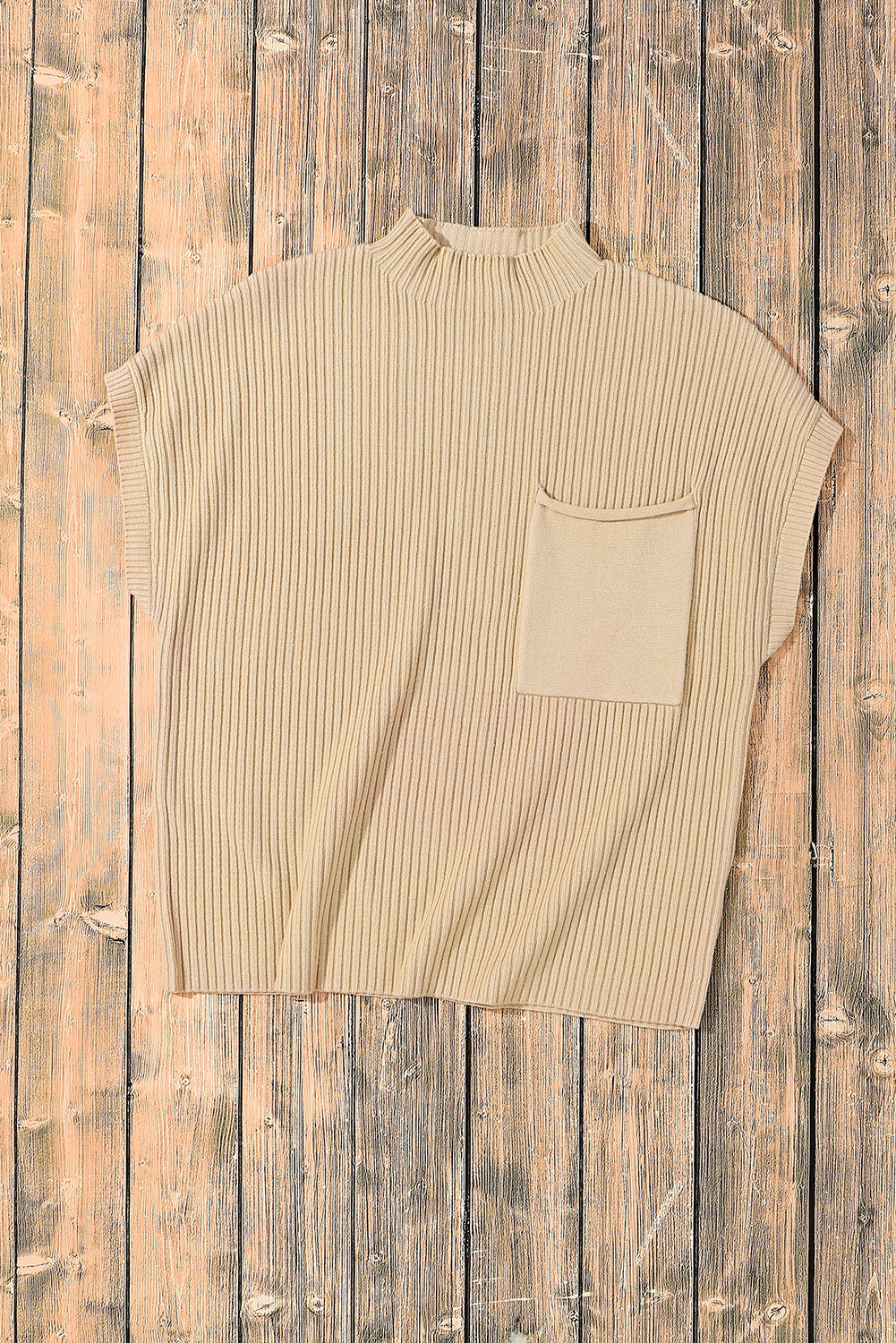 Pocket Ribbed Knit Short Sleeve Sweater