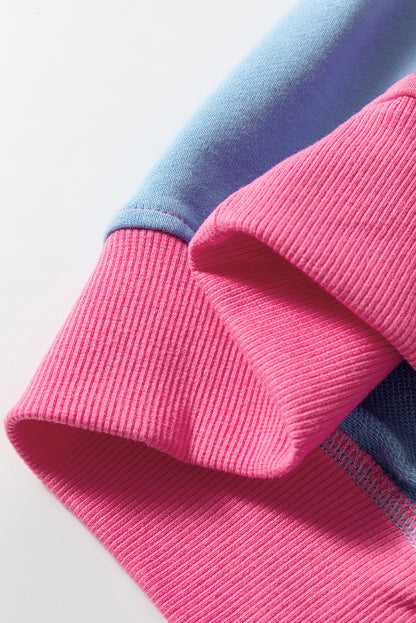 Bright Pink Colorblock Patchwork Drop Shoulder Sweatshirt