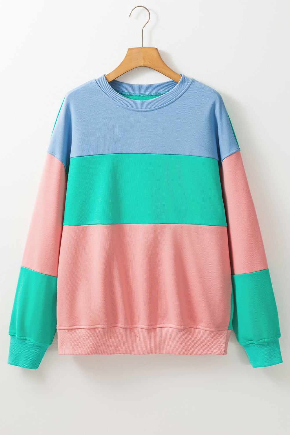 Bright Pink Colorblock Patchwork Drop Shoulder Sweatshirt