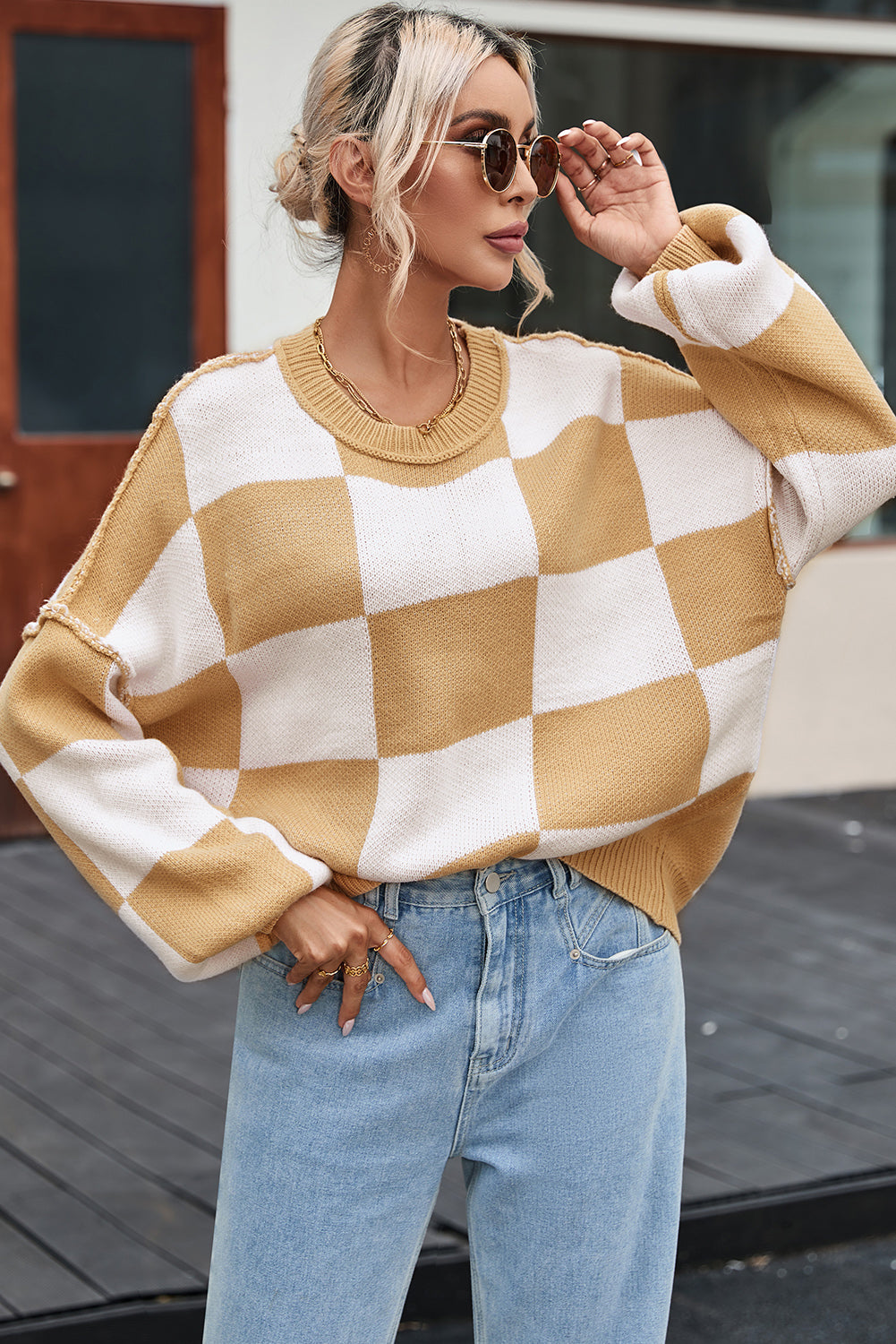 Orange Checkered Bishop Sleeve Sweater