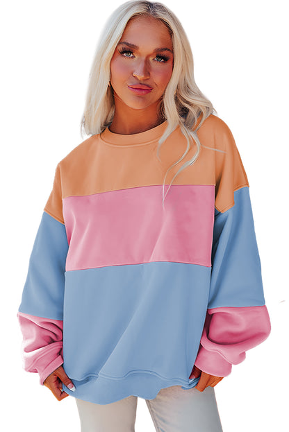 Bright Pink Colorblock Patchwork Drop Shoulder Sweatshirt