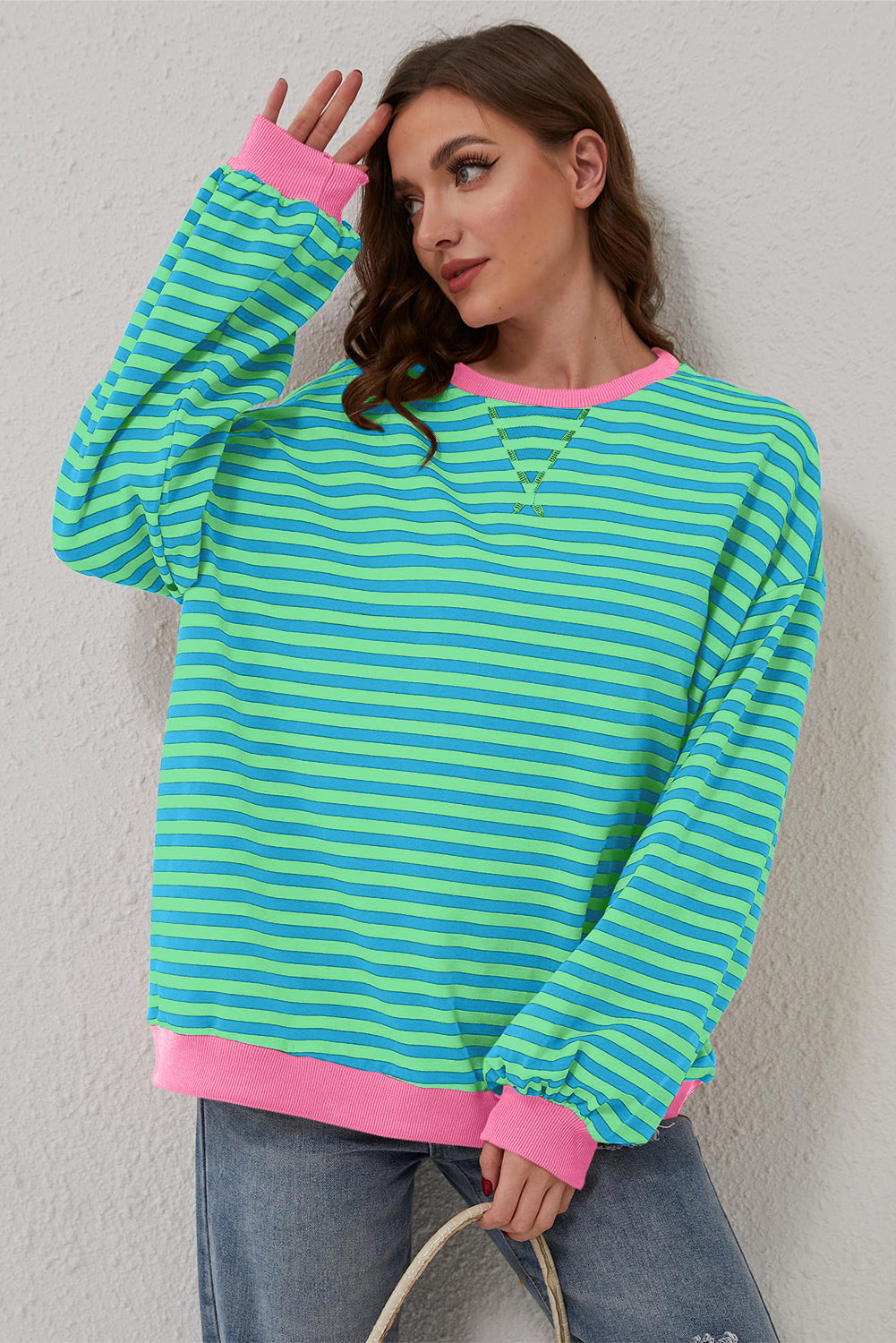 Blue Stripe Oversized Contrast Trim Pullover Sweatshirt