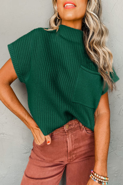 Pocket Ribbed Knit Short Sleeve Sweater