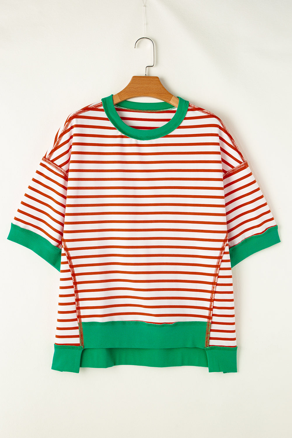 Green Stripe Oversized Contrast Trim Exposed Seam High Low T Shirt