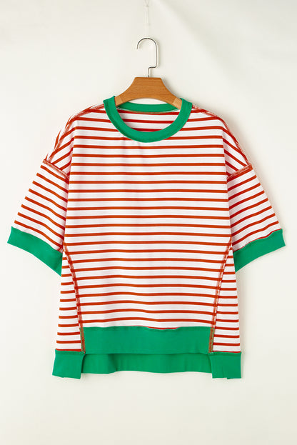 Green Stripe Oversized Contrast Trim Exposed Seam High Low T Shirt