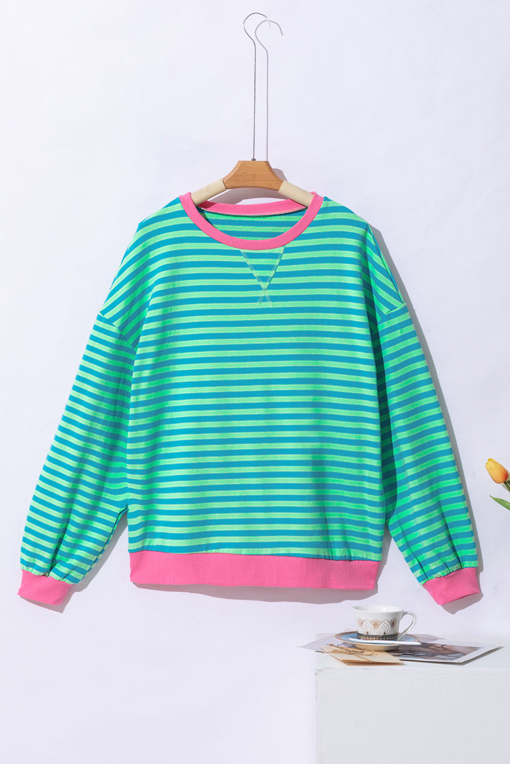 Blue Stripe Oversized Contrast Trim Pullover Sweatshirt