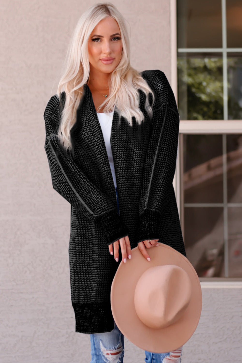 Apricot Plaid Knitted Long Open Front Cardigan