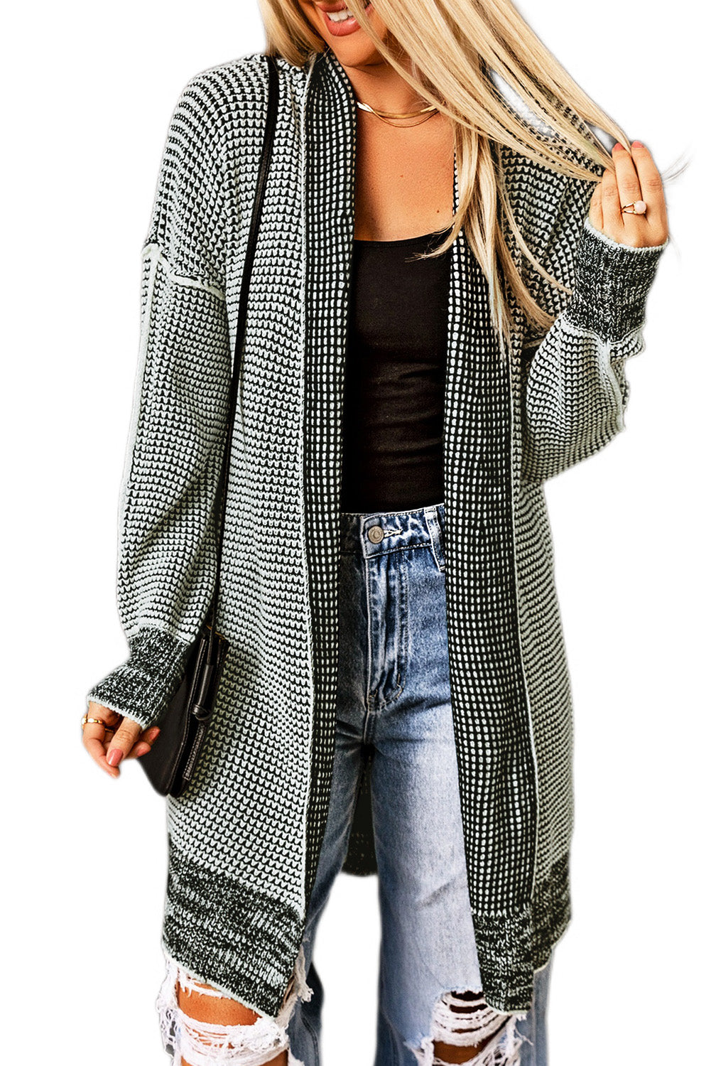 Apricot Plaid Knitted Long Open Front Cardigan