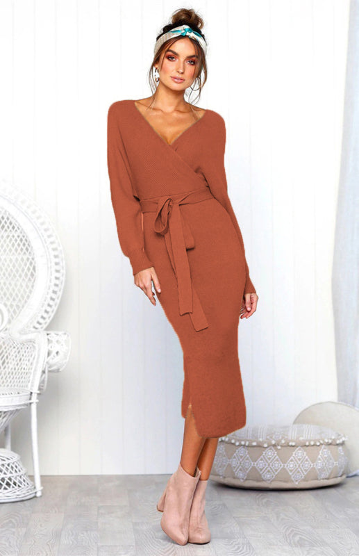 Women's Sexy V-Neck Lace-Up Long-Sleeved Dress