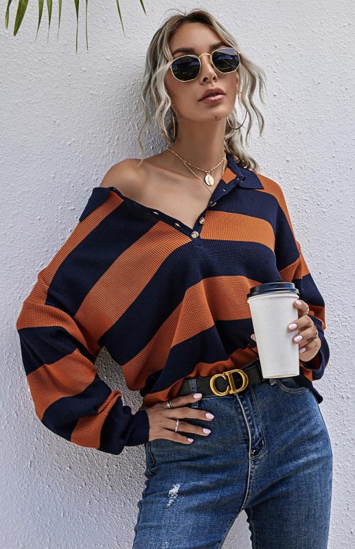 Blue and Orange Button Up Long Sleeve Pullover Sweater