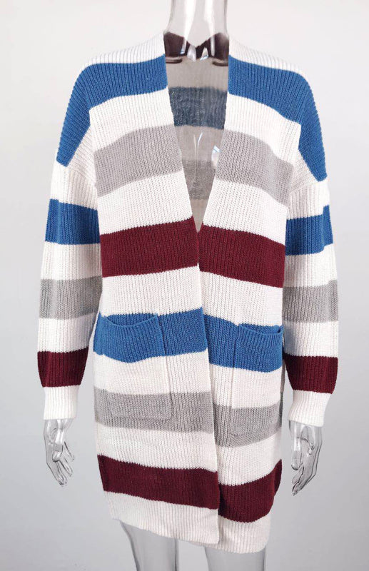 Ladies Casual Fashion Striped Contrast Knit Cardigan