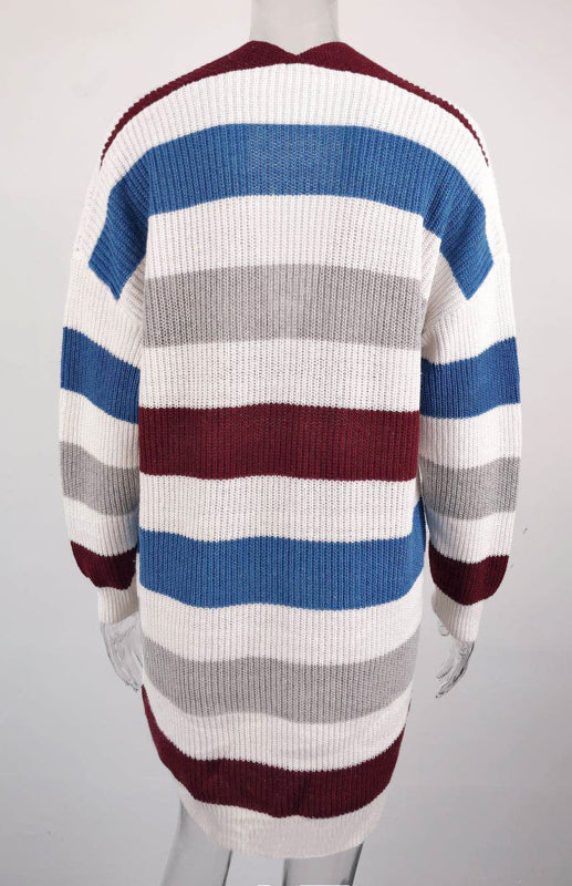 Ladies Casual Fashion Striped Contrast Knit Cardigan