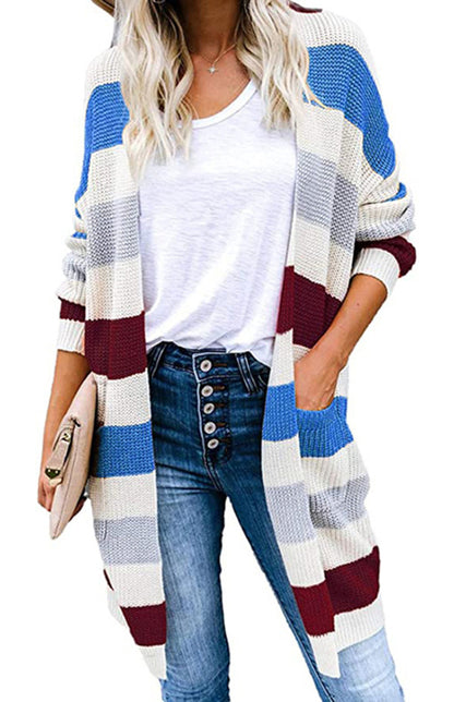 Ladies Casual Fashion Striped Contrast Knit Cardigan