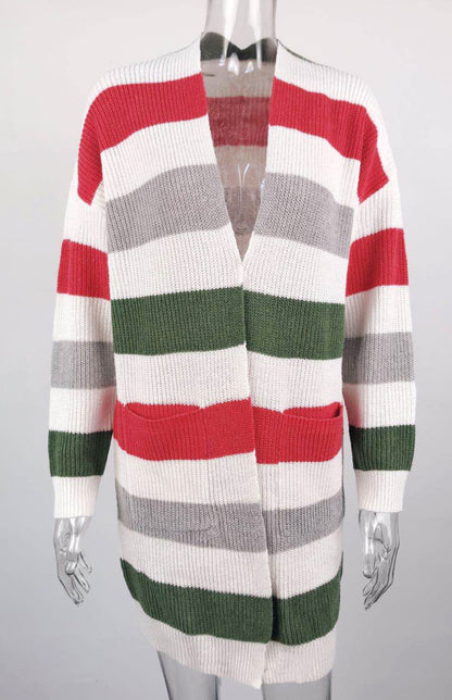 Ladies Casual Fashion Striped Contrast Knit Cardigan