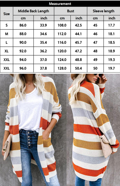 Ladies Casual Fashion Striped Contrast Knit Cardigan