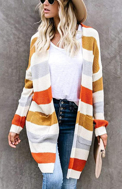 Ladies Casual Fashion Striped Contrast Knit Cardigan