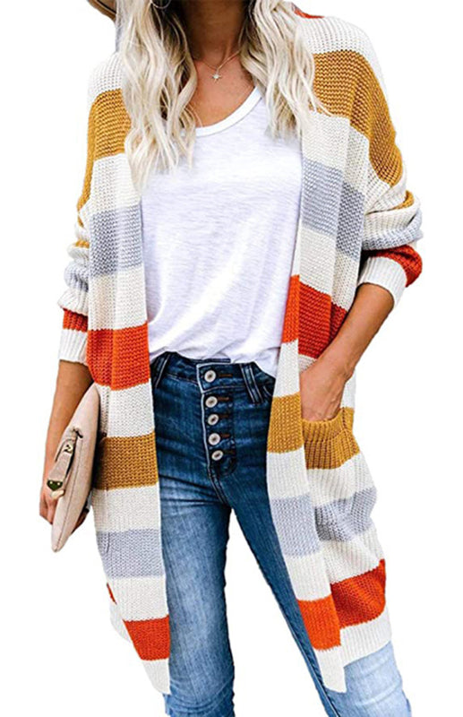 Ladies Casual Fashion Striped Contrast Knit Cardigan