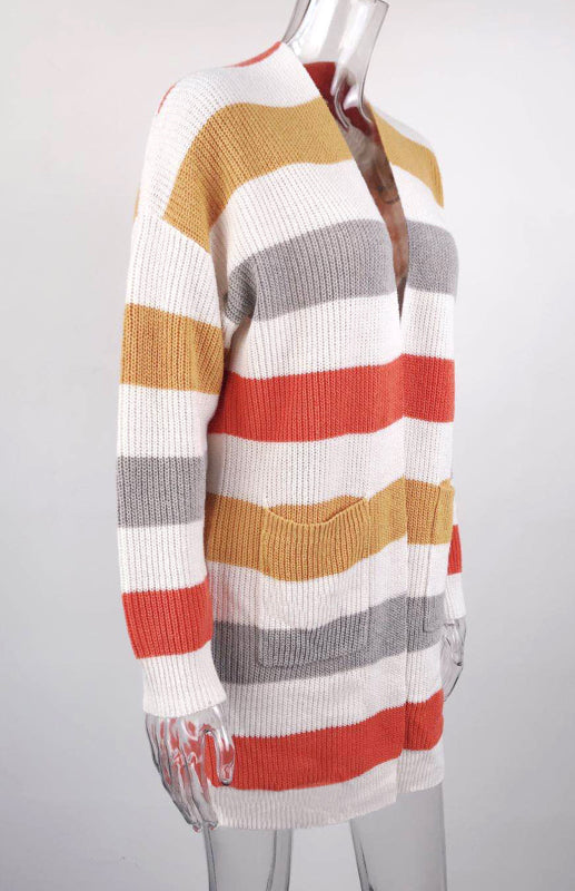 Ladies Casual Fashion Striped Contrast Knit Cardigan