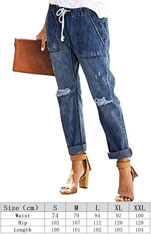 Ladies Fashion Elastic Waist Drawstring Jeans