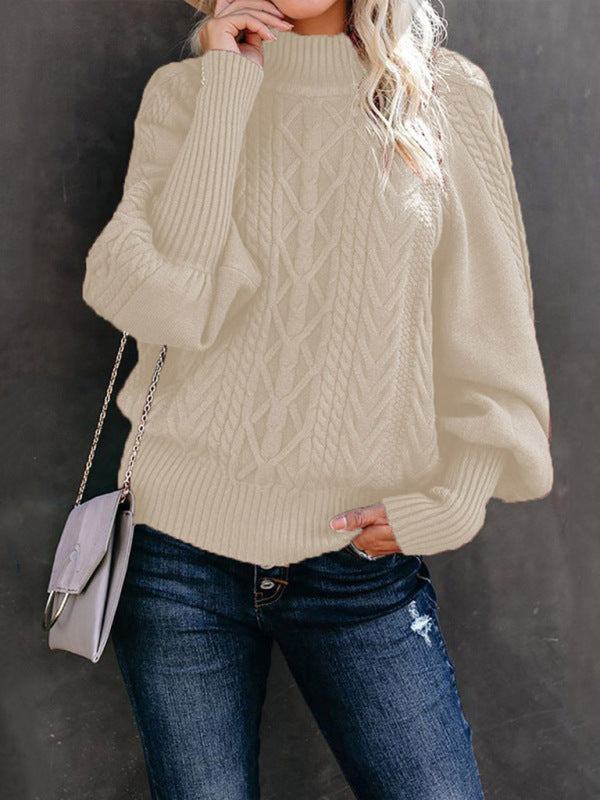 Ladies Mid Collar Loose Long Sleeve Twist Solid Color Sweater