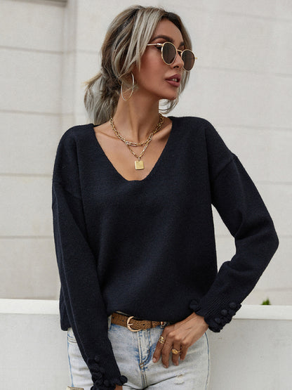 Women'S Cuff Button Loose Solid Pullover Sweater