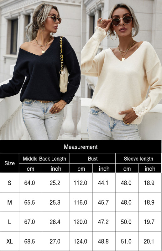 Women'S Cuff Button Loose Solid Pullover Sweater