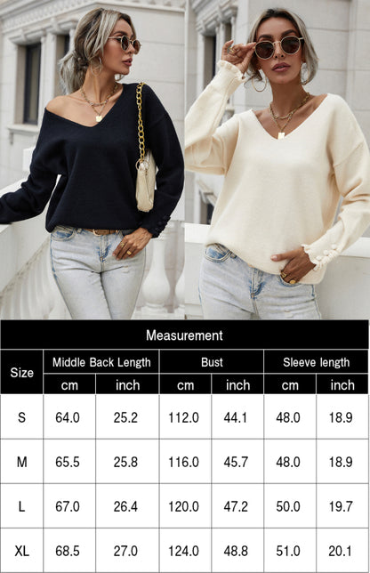 Women'S Cuff Button Loose Solid Pullover Sweater