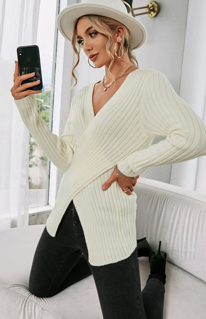 V-Neck Pullover Cross Sweater