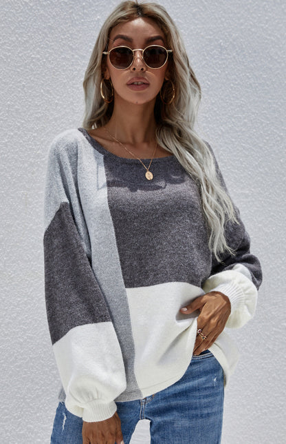 Colorblock Round Neck Back Lace Up Stitched Sweater