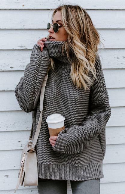 Knit Sweater Woman With Thick Thread, Long Sleeves And High Neck Pullover