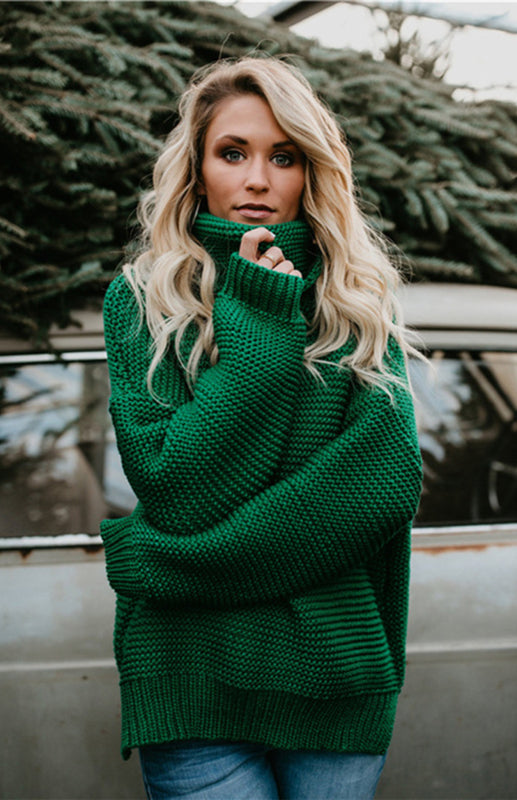 Knit Sweater Woman With Thick Thread, Long Sleeves And High Neck Pullover