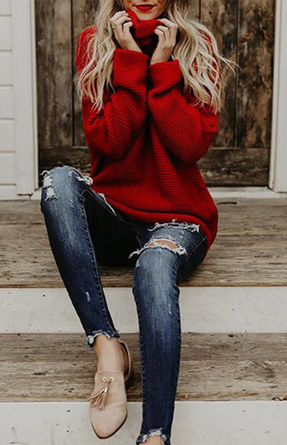 Knit Sweater Woman With Thick Thread, Long Sleeves And High Neck Pullover