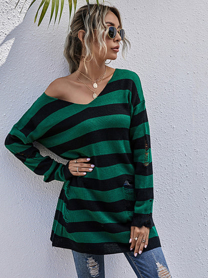 Green and black long ripped v-neck striped knitted sweater