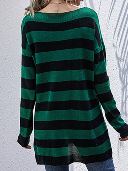 Green and black long ripped v-neck striped knitted sweater