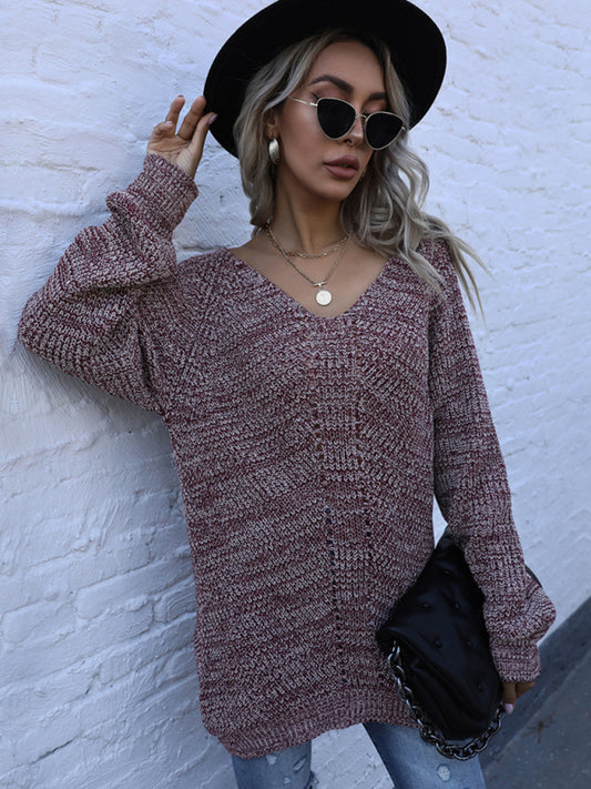 Mid Length Mixed Color Long Sleeve Loose V-Neck Sweater