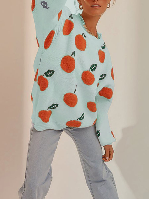 Orange Pattern Crew Neck Drop-Shoulder Sleeves Pullover Sweater