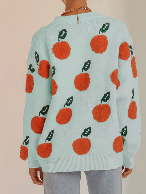 Orange Pattern Crew Neck Drop-Shoulder Sleeves Pullover Sweater