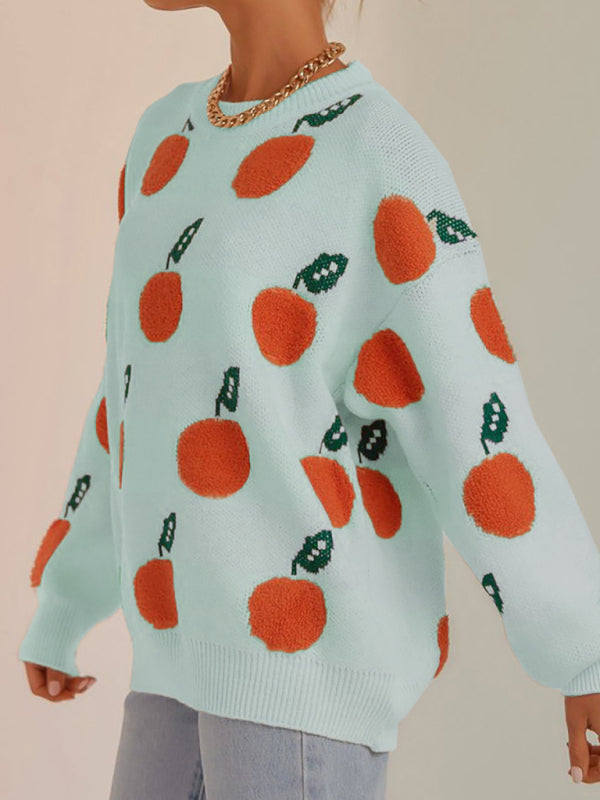 Orange Pattern Crew Neck Drop-Shoulder Sleeves Pullover Sweater