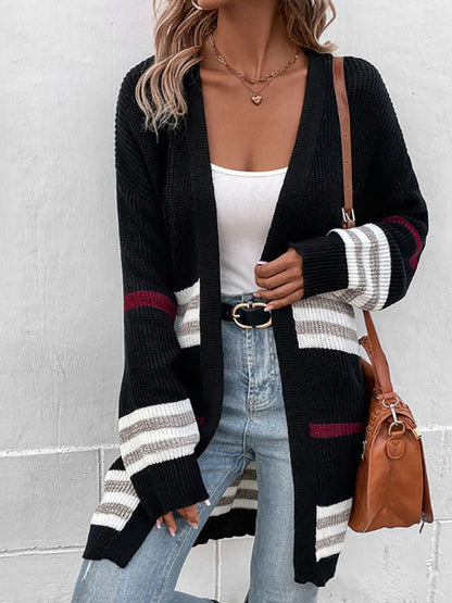 Women's striped color blocking mid-length knit sweater