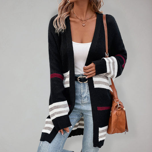 Women's striped color blocking mid-length knit sweater