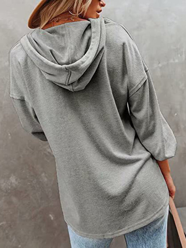 V-neck long sleeve loose casual hoodie