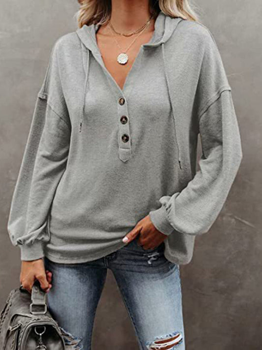 V-neck long sleeve loose casual hoodie