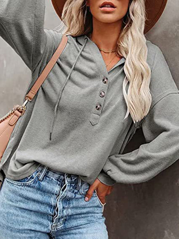 V-neck long sleeve loose casual hoodie