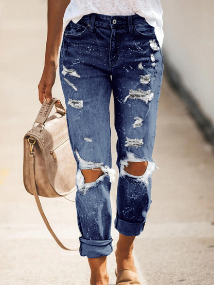 Stretch washed ripped straight-leg street style denim trousers