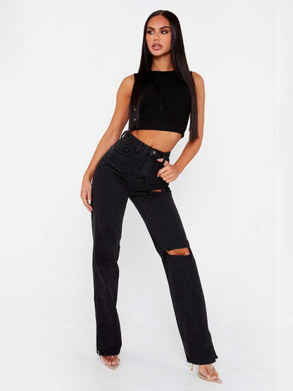 Straight-leg mopping trousers ripped ankle slit flared jeans