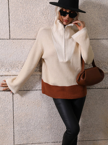Pullover Color Block Knit Long Sleeve Zippered Sweater